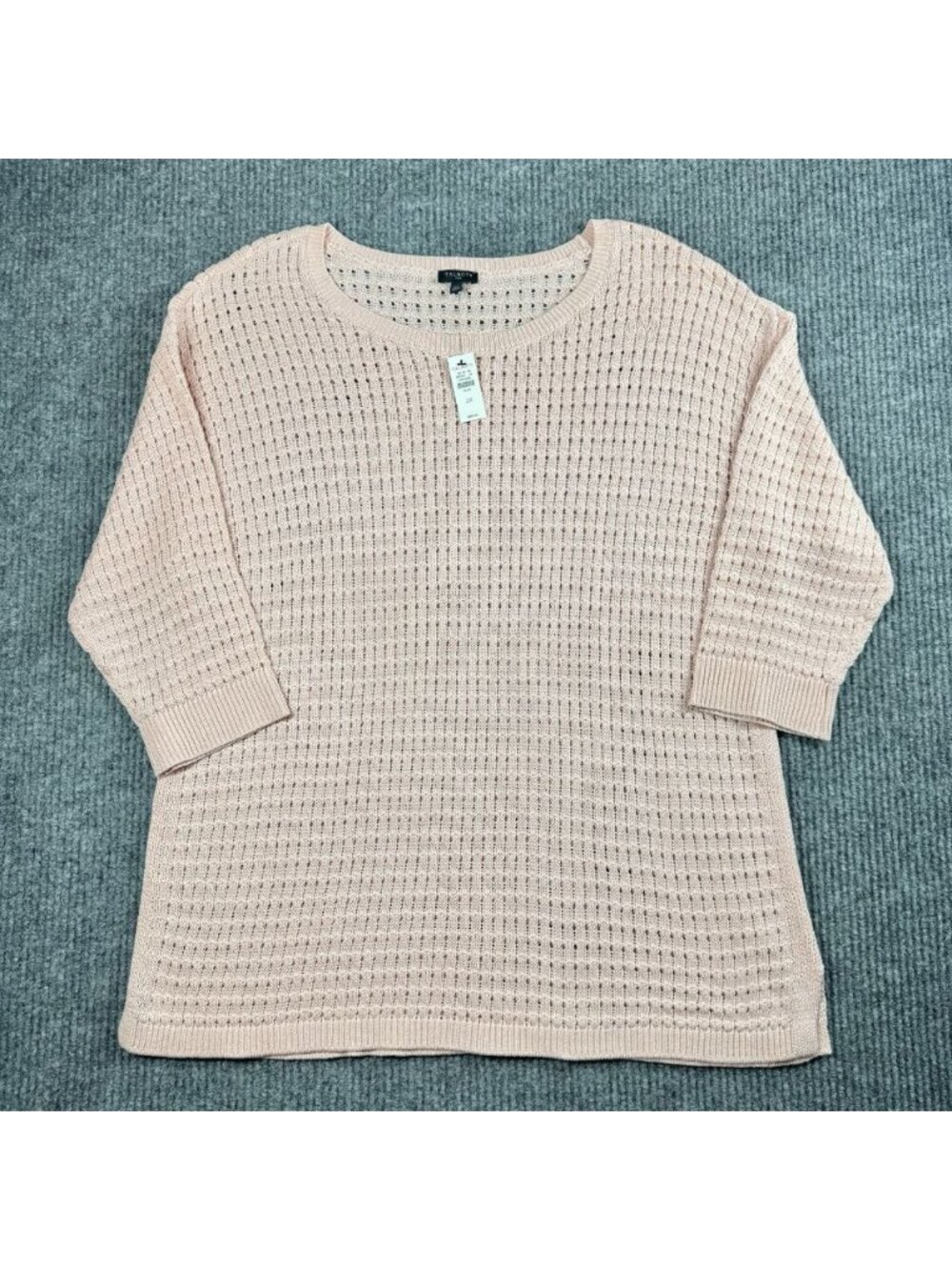 Talbots Open Knit Sweater Womens 2X Pink Elbow 1/2 Sleeve Crewneck Top Split Hem
